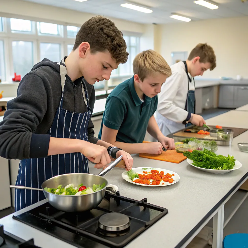Teenagers cooking in class