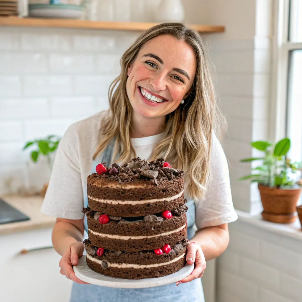 Emily with her triple-layered chocolate cake