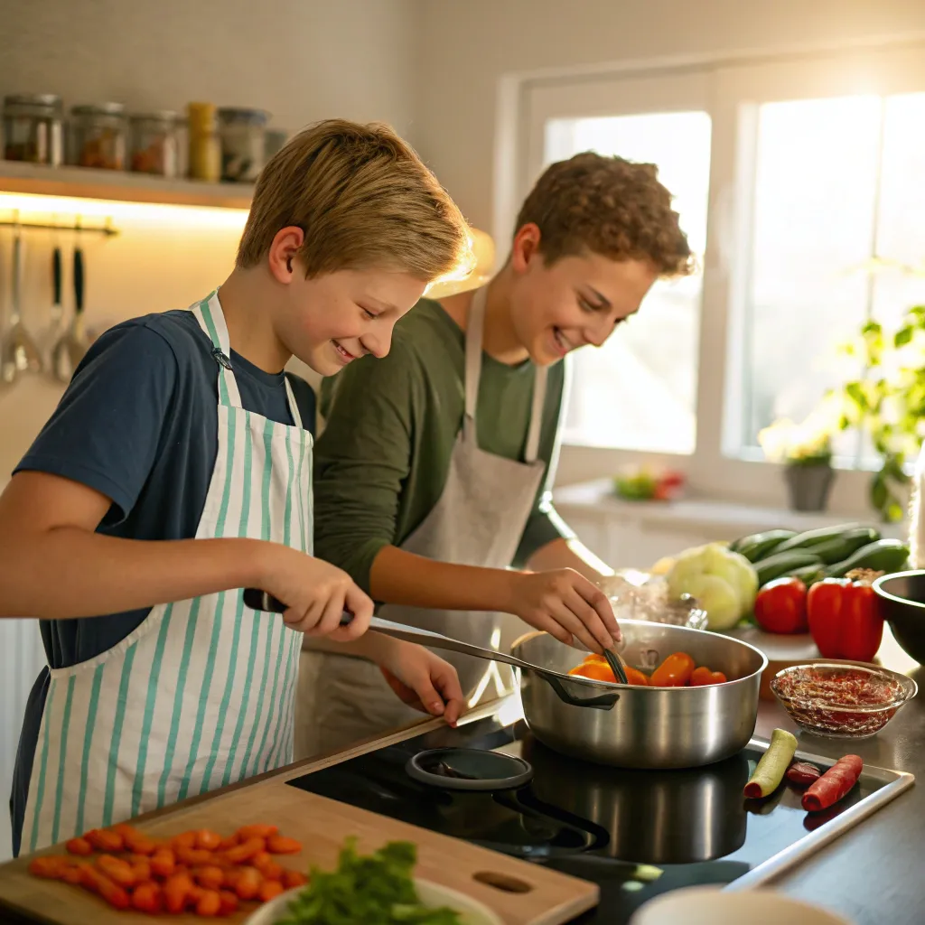 Teenagers cooking together